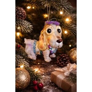 2011 Robert Stanley Glass Christmas Ornament Basset Hound Dog Pink Tutu Glam Tag